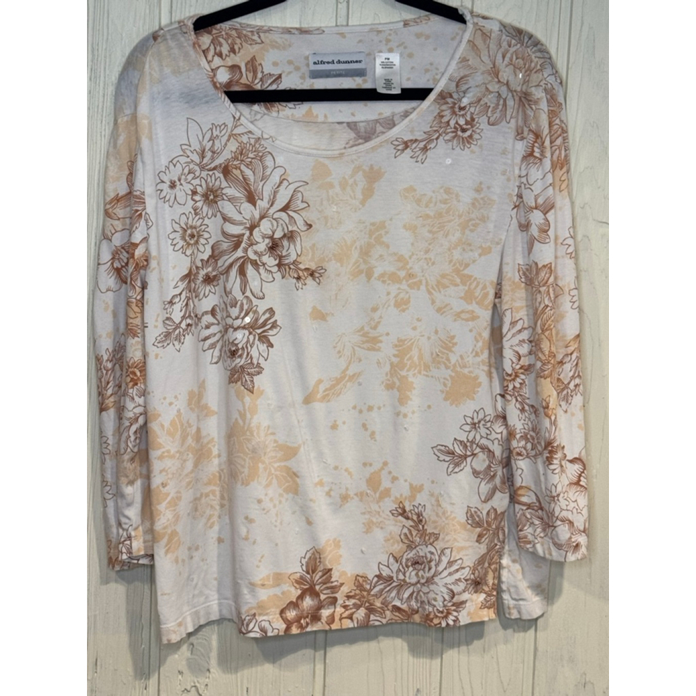 Alfred Dunner Cream Floral Sequins Long Sleeve Tee MP Petite